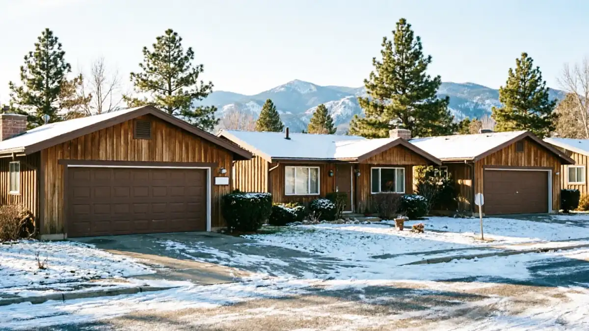 Three brown houses with brown garage doors and snow on the roofs and ground.