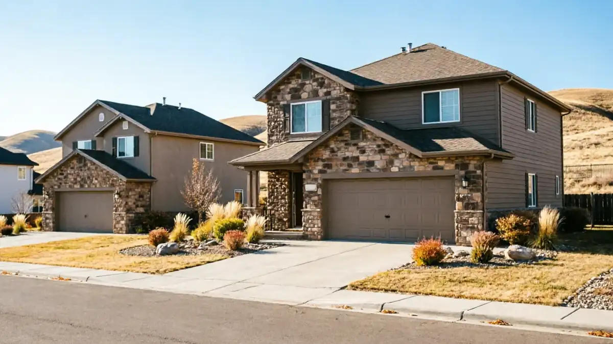 The brown house has a two-car garage door and stone accents.