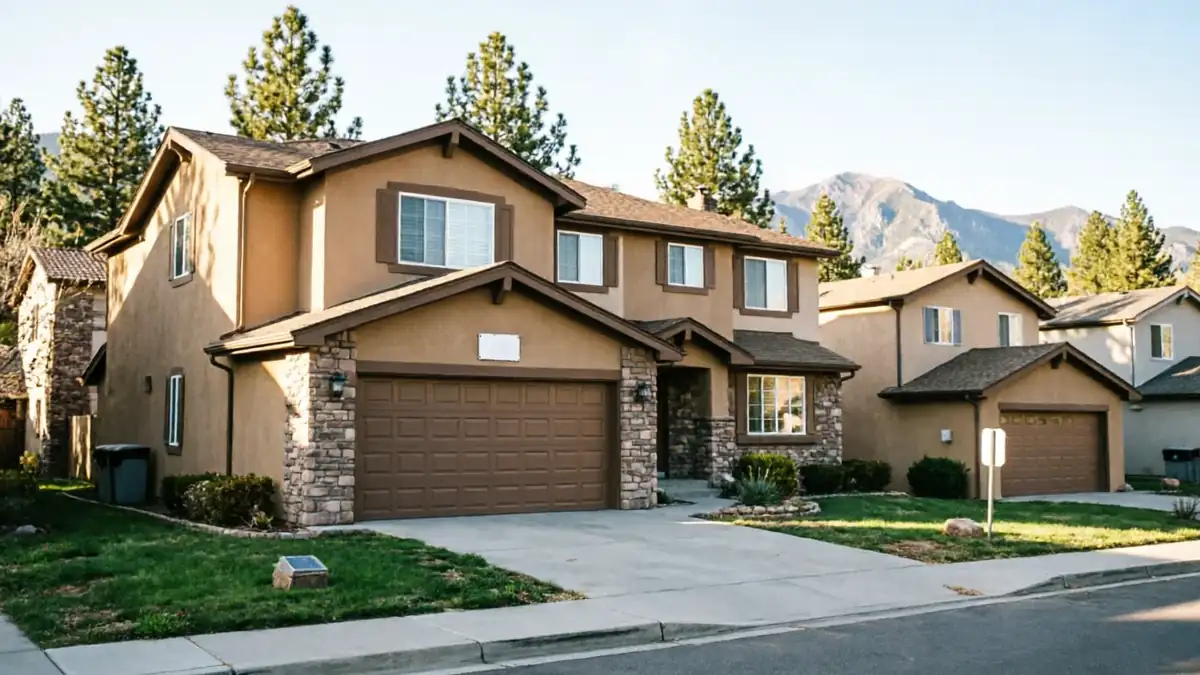 A two-story house with a brown garage door stands on a sunny street.