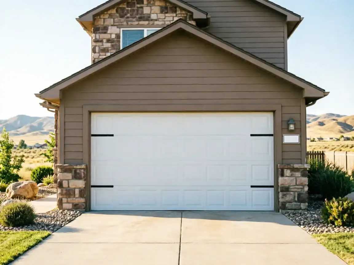 A white garage door with decorative black hardware on a brown house.
