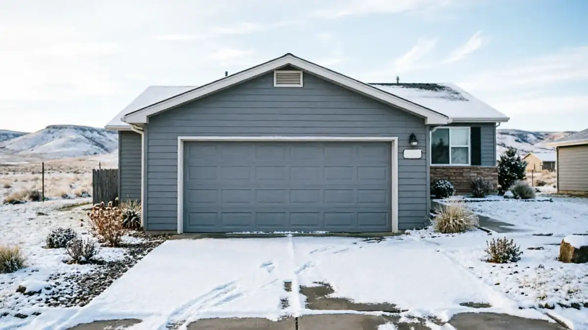 A gray house with a gray garage door and a snow-covered driveway.